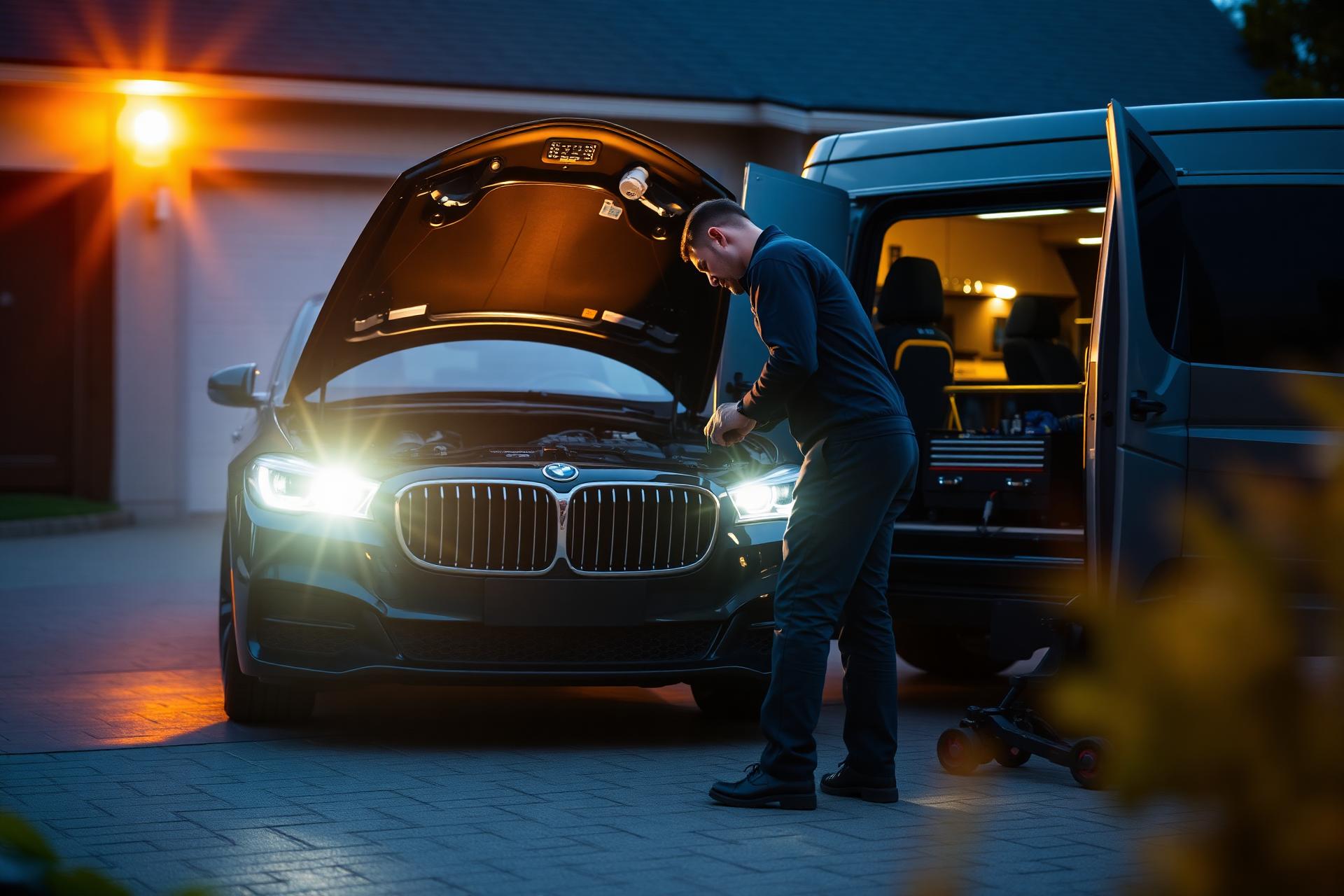 Mobile mechanic servicing a car at dusk